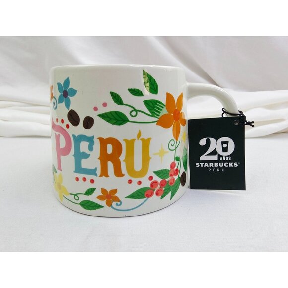 Starbucks Peru 20 Anos (Years) White Floral Llama 14 Oz Coffee Mug Cup NWT - Picture 1 of 9